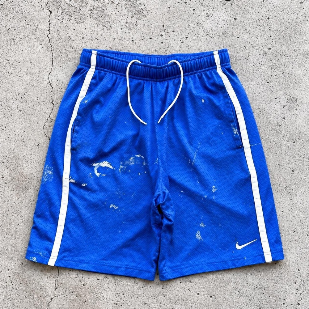 Nike Vintage 2000s Blue Mesh Paint Splatter Basketball Shorts Mens Medium Y2K